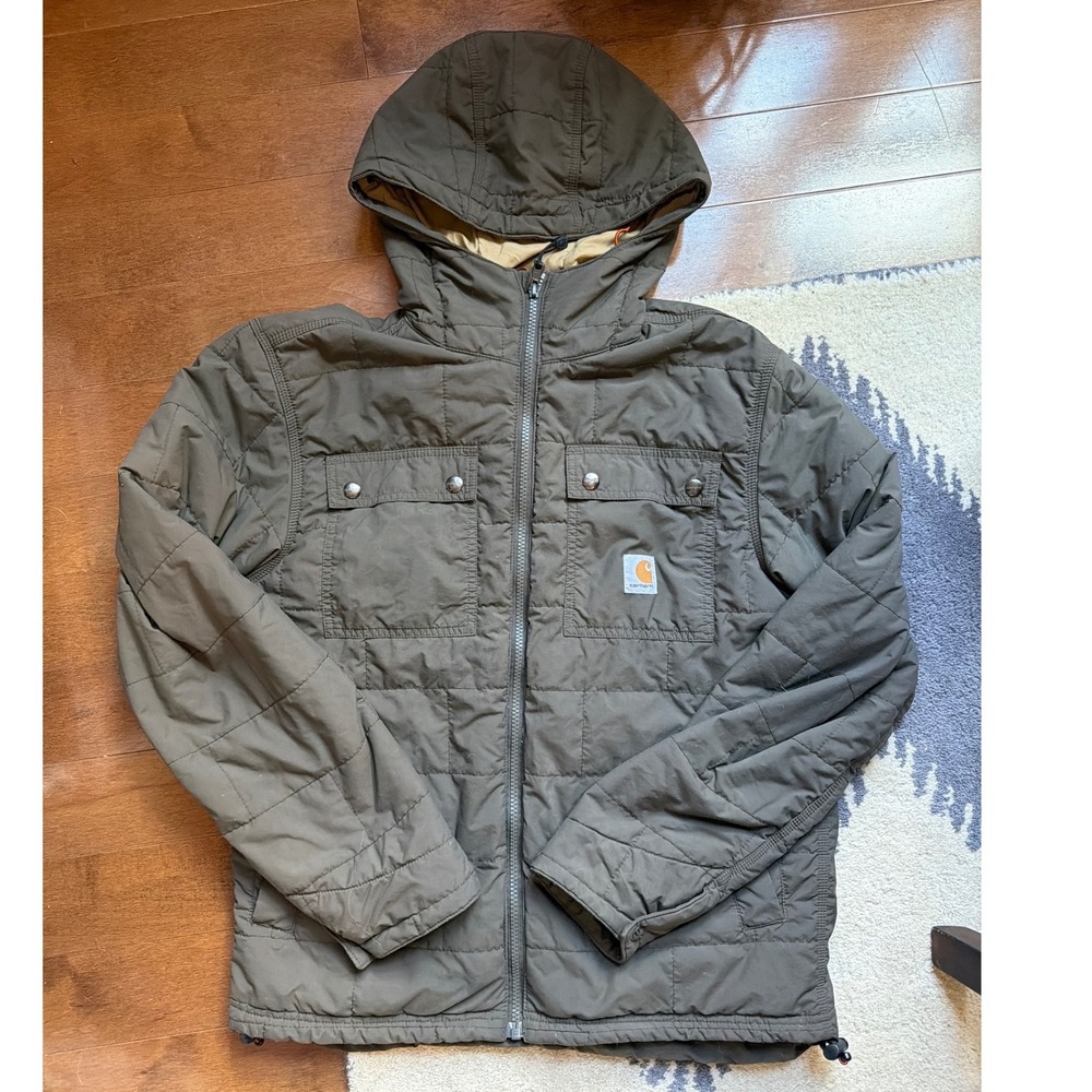 Carhartt Hooded Nylon Jacket Mens S Army Green Quilted Thinsulate Rain Defender